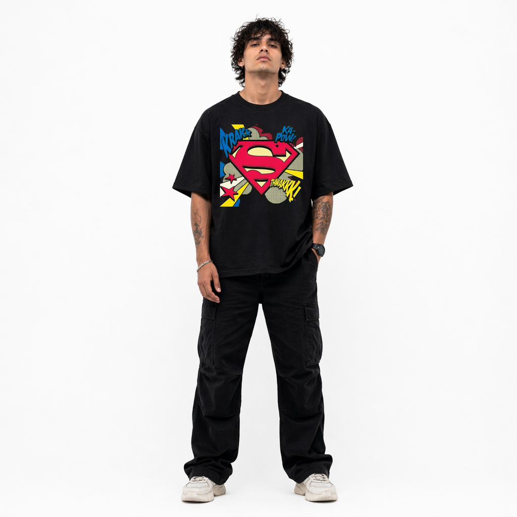 VA Oversized Black Superman T-Shirt – Premium 240 GSM Cotton Drop Shoulder Fit