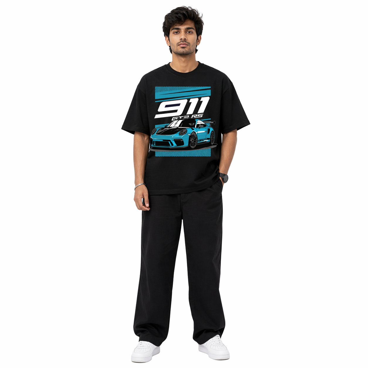 VA Oversized Black 911 GT3 Racing T-Shirt – Premium 240 GSM Cotton Drop Shoulder Fit