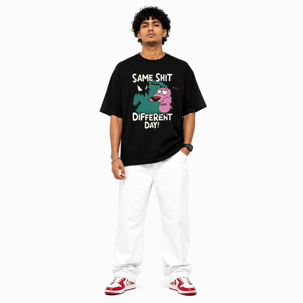 VA Oversized Same shit Black T-Shirt – Premium 240 GSM Cotton Drop Shoulder Fit