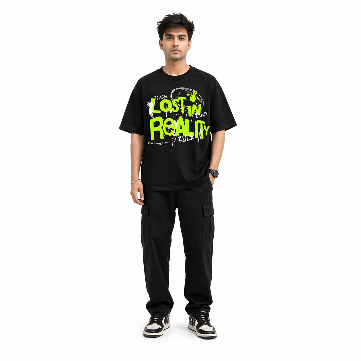 VA Oversized Black- Lost In Reality T-Shirt – Premium 240 GSM Cotton Drop Shoulder Fit