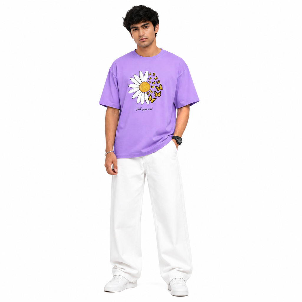 VA Oversized lavender flower T-Shirt – Premium 240 GSM Cotton Drop Shoulder Fit