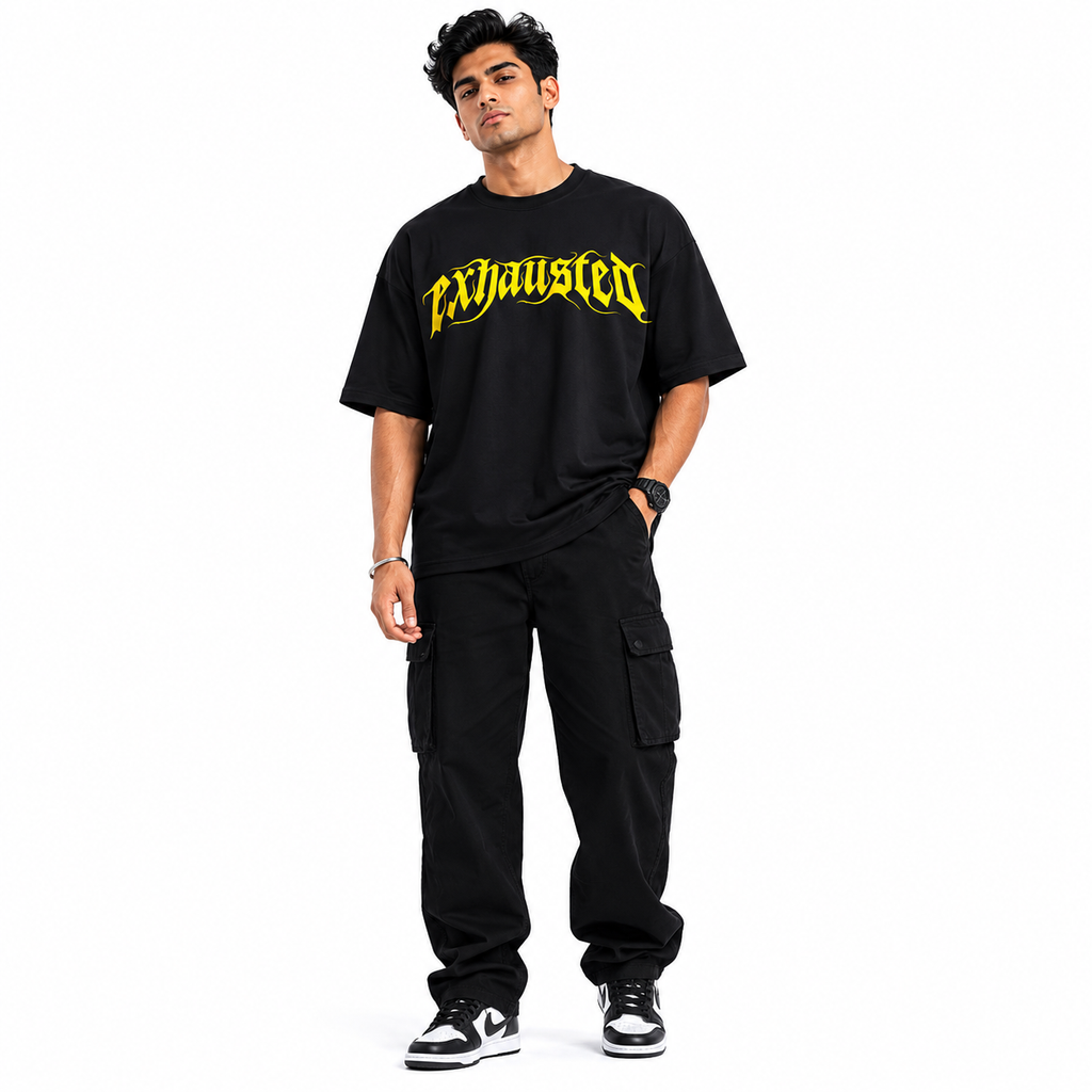 VA Oversized Exhausted Black T-Shirt – Premium 240 GSM Cotton Drop Shoulder Fit