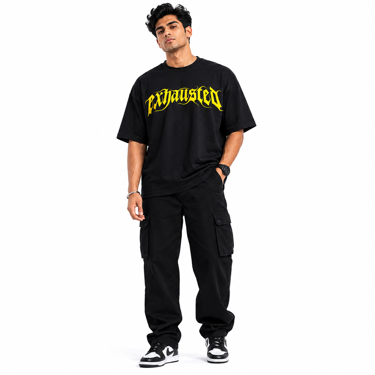 VA Oversized Exhausted Black T-Shirt – Premium 240 GSM Cotton Drop Shoulder Fit
