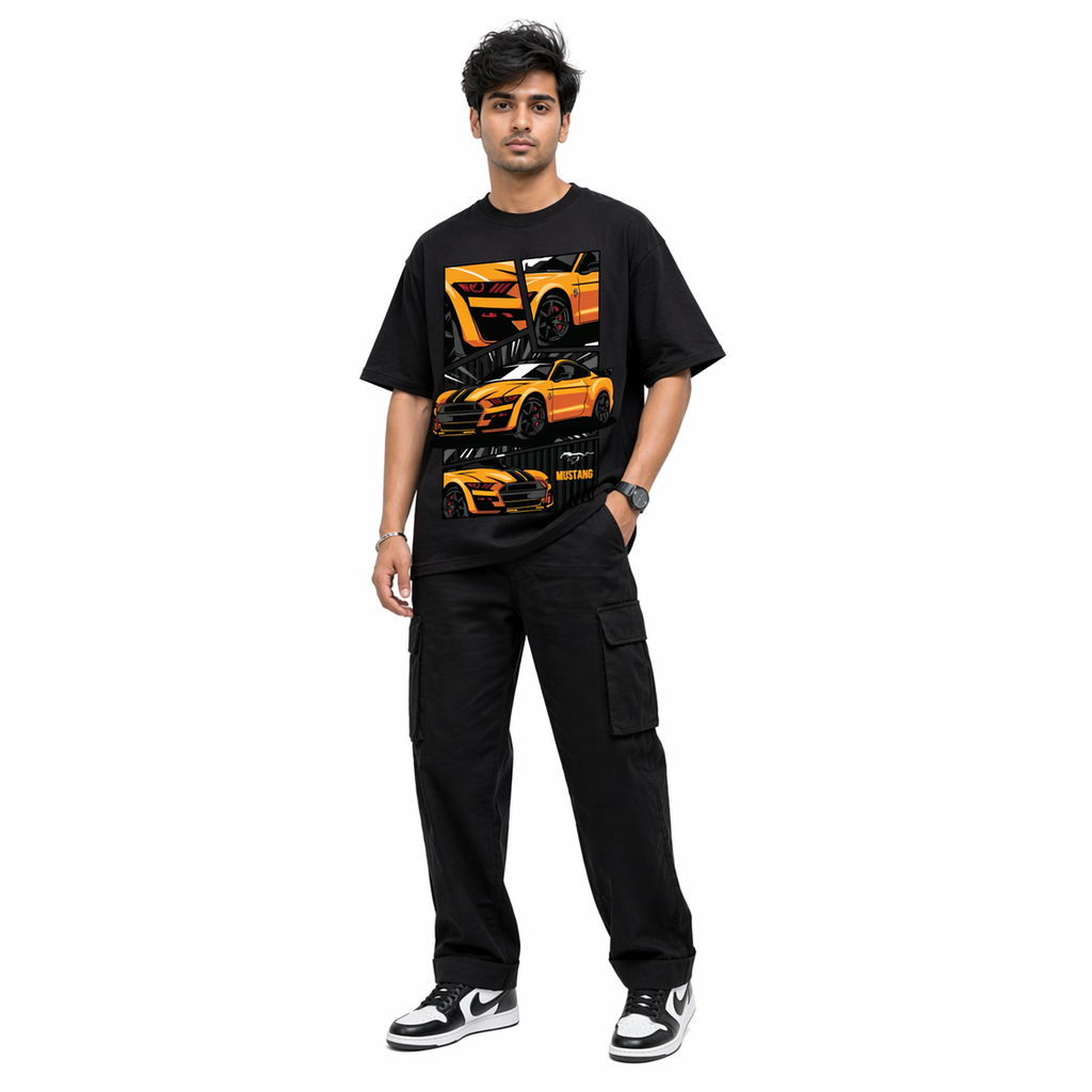 VA Oversized Black Ford Mustang T-Shirt – Premium 240 GSM Cotton Drop Shoulder Fit