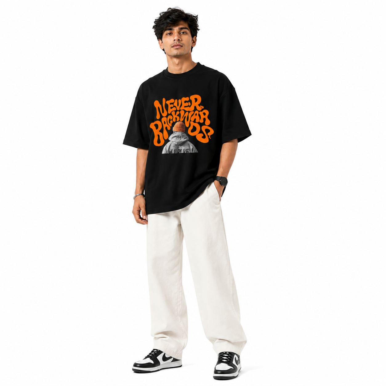 VA Oversized Never Backward Black T-Shirt – Premium 240 GSM Cotton Drop Shoulder Fit