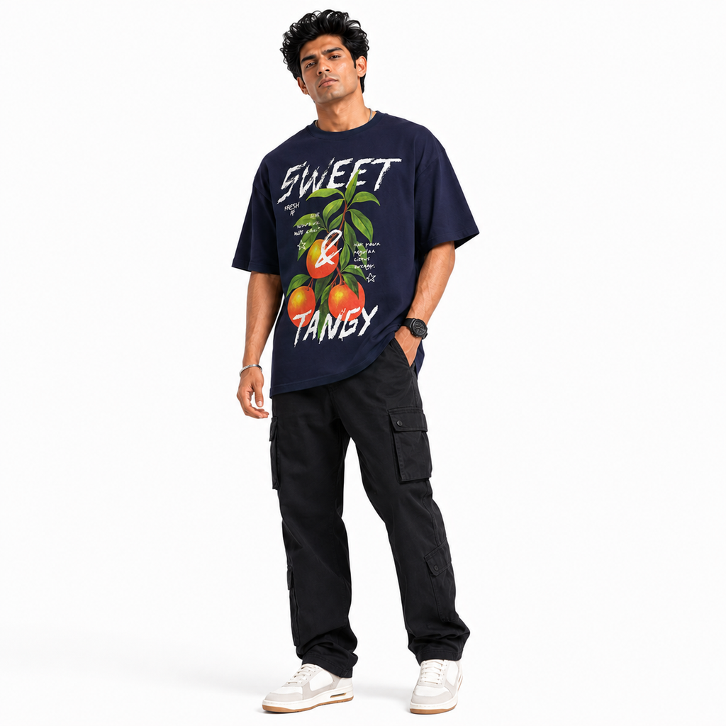 VA Oversized sweet and tangy Black T-Shirt – Premium 240 GSM Cotton Drop Shoulder Fit