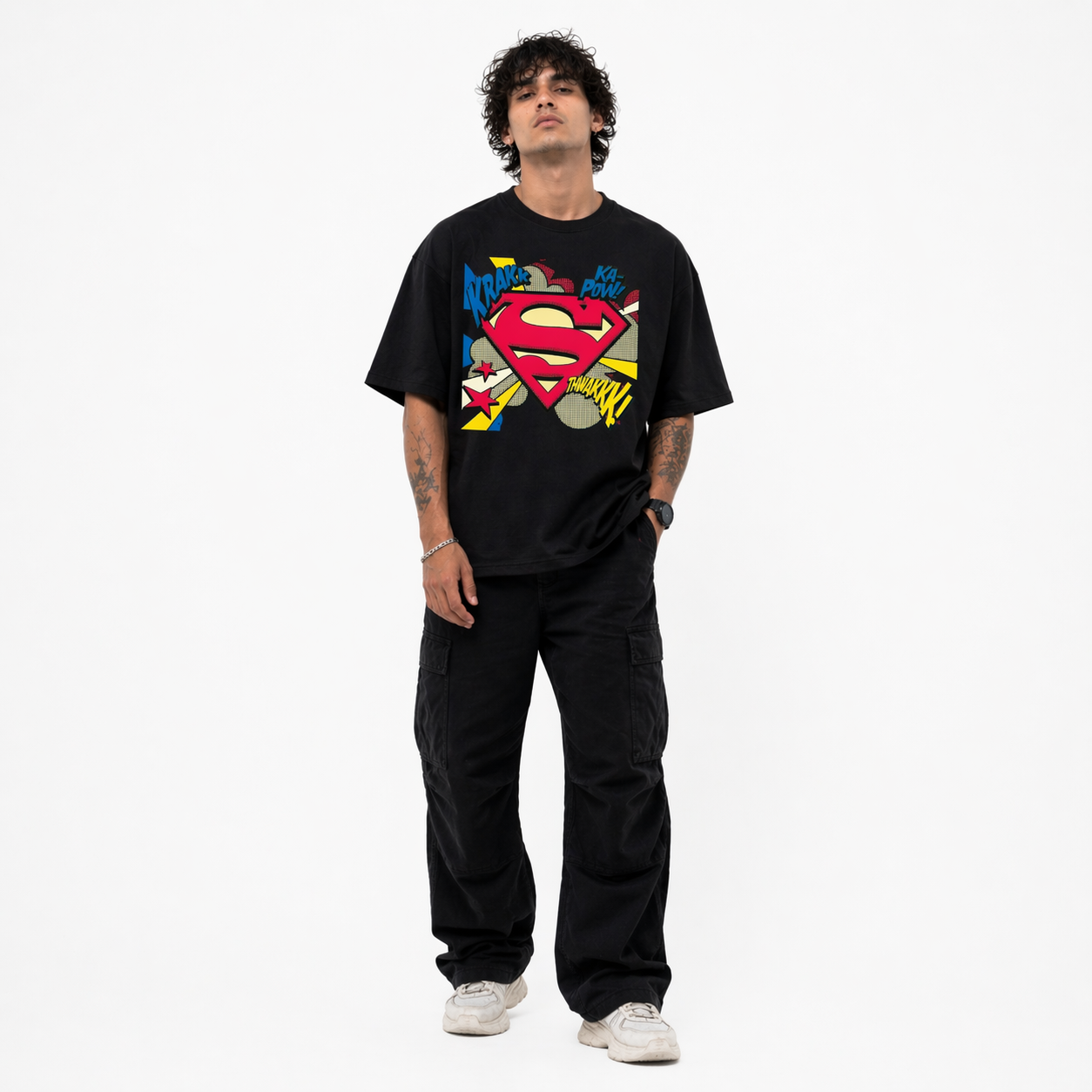 VA Oversized Black Superman T-Shirt – Premium 240 GSM Cotton Drop Shoulder Fit