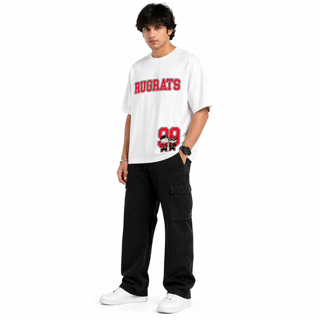 VA Oversized  White Rugrats T-Shirt – Premium 240 GSM Cotton Drop Shoulder Fit