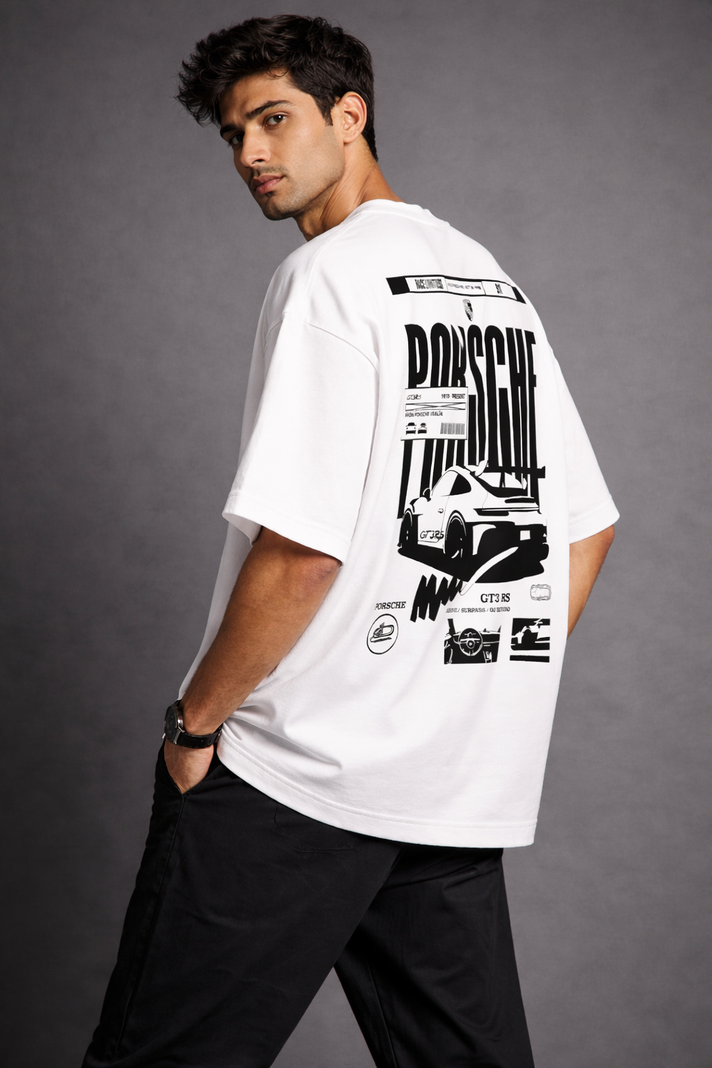 VA | Porsche Inspired Oversized Tee – White | 240 GSM Premium