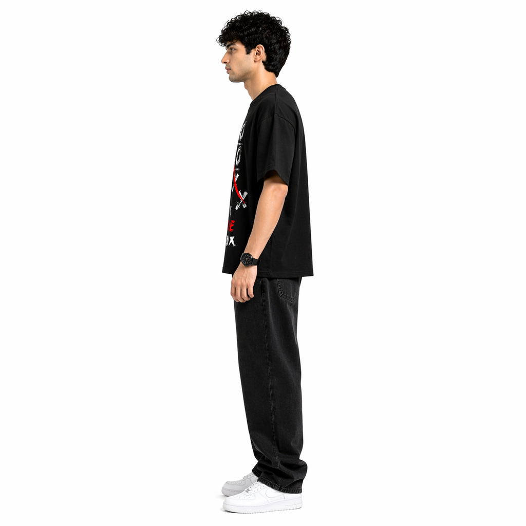 VA Oversized Black XO Brand T-Shirt – Premium 240 GSM Cotton Drop Shoulder Fit