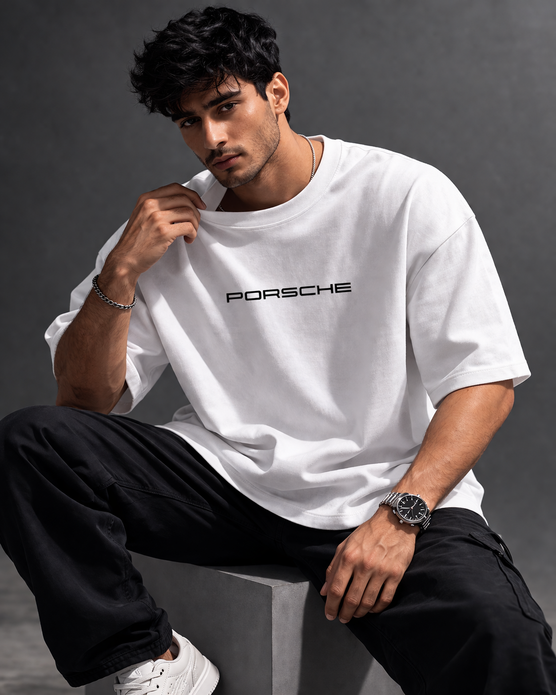 VA | Porsche Inspired Oversized Tee – White | 240 GSM Premium