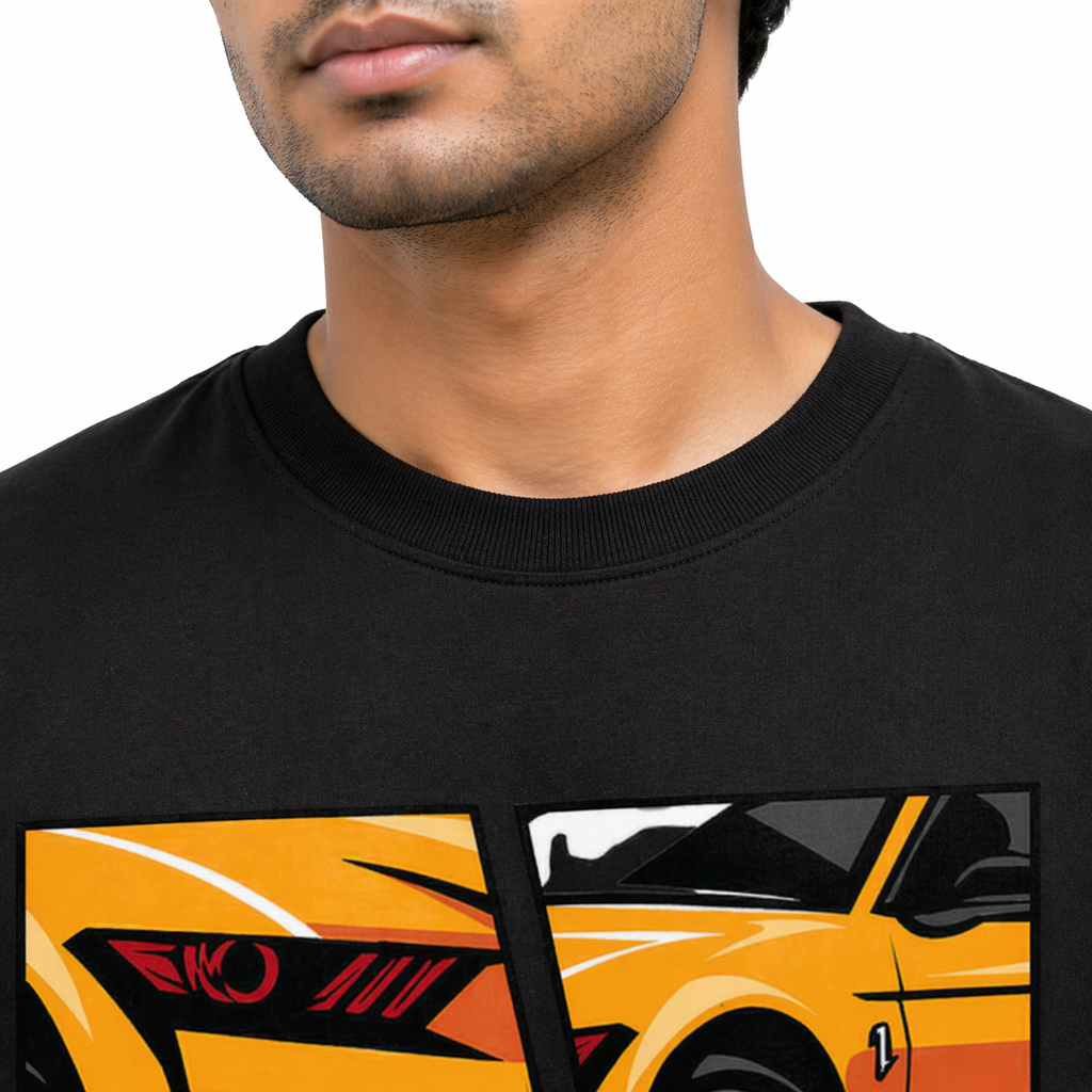 VA Oversized Black Ford Mustang T-Shirt – Premium 240 GSM Cotton Drop Shoulder Fit