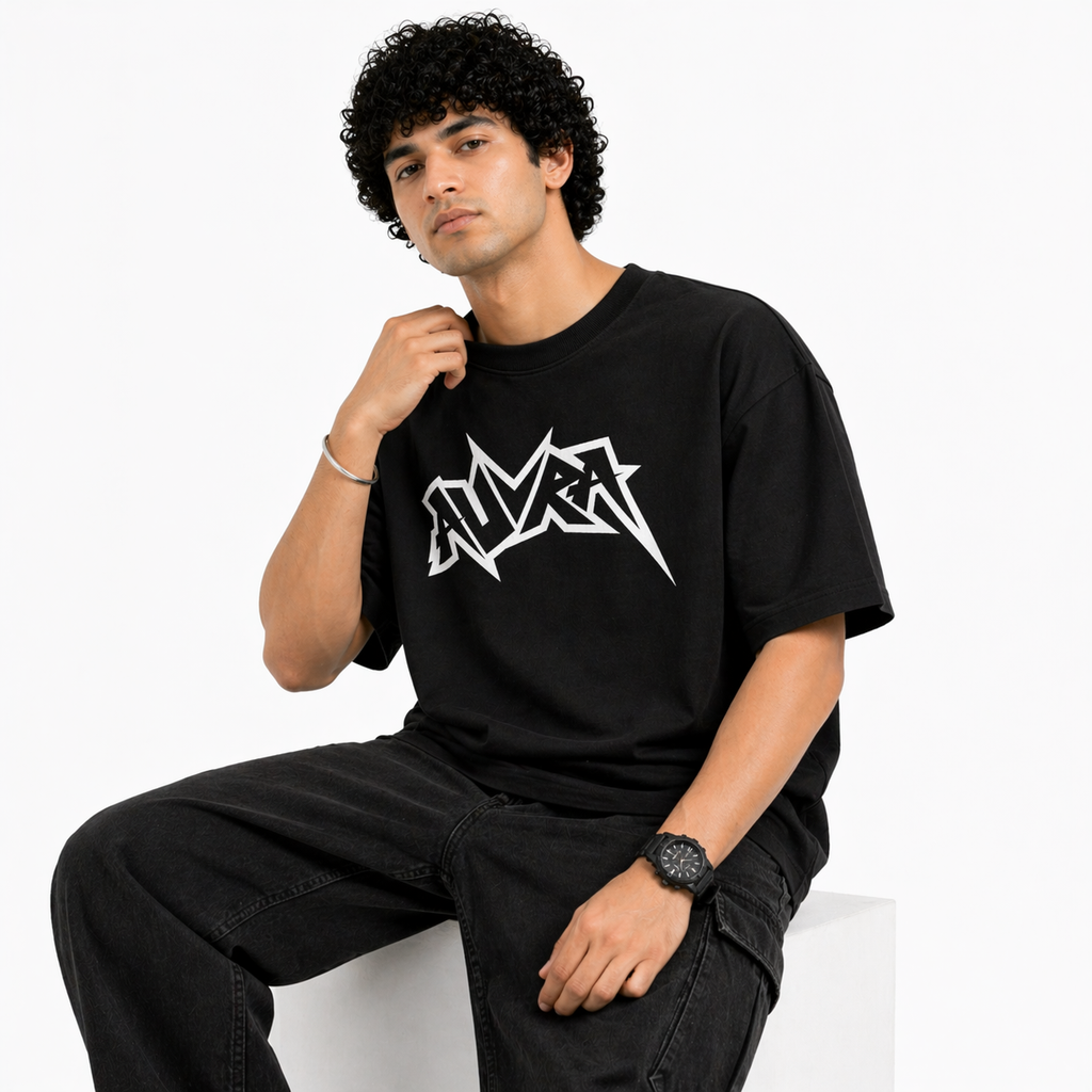 VA Oversized Black Aura T-Shirt – Premium 240 GSM Cotton Drop Shoulder Fit