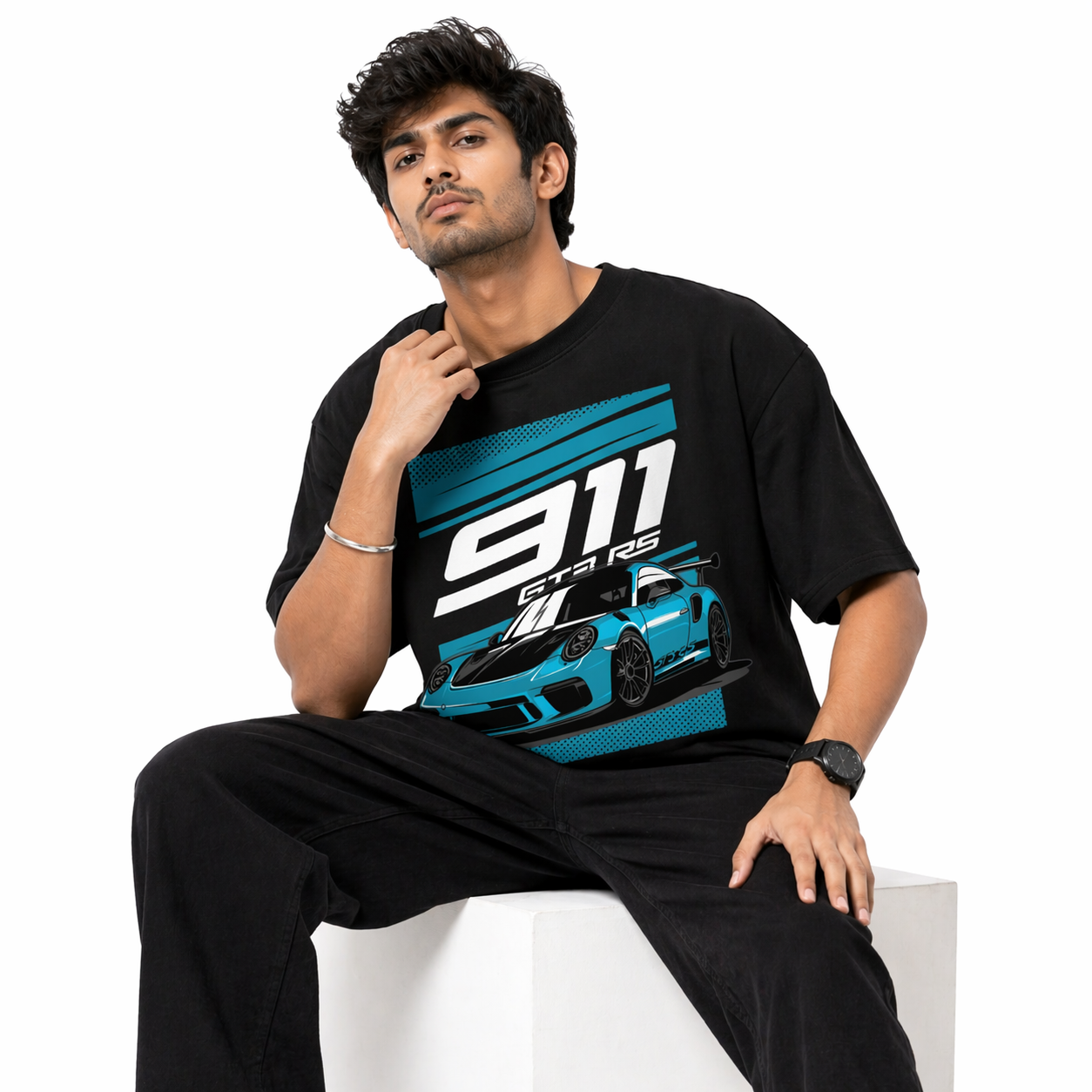 VA Oversized Black 911 GT3 Racing T-Shirt – Premium 240 GSM Cotton Drop Shoulder Fit