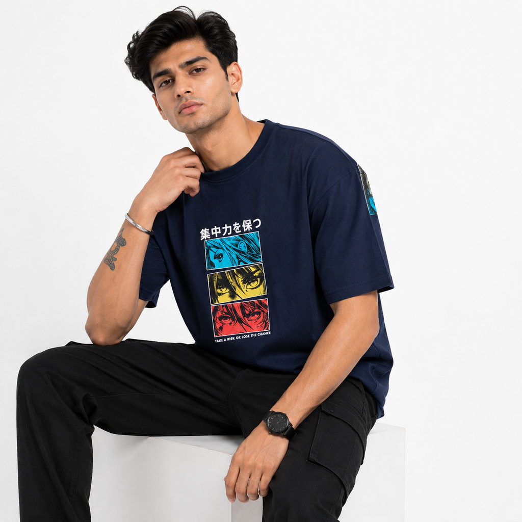 VA Oversized Anime navy blue T-Shirt – Premium 240 GSM Cotton Drop Shoulder Fit