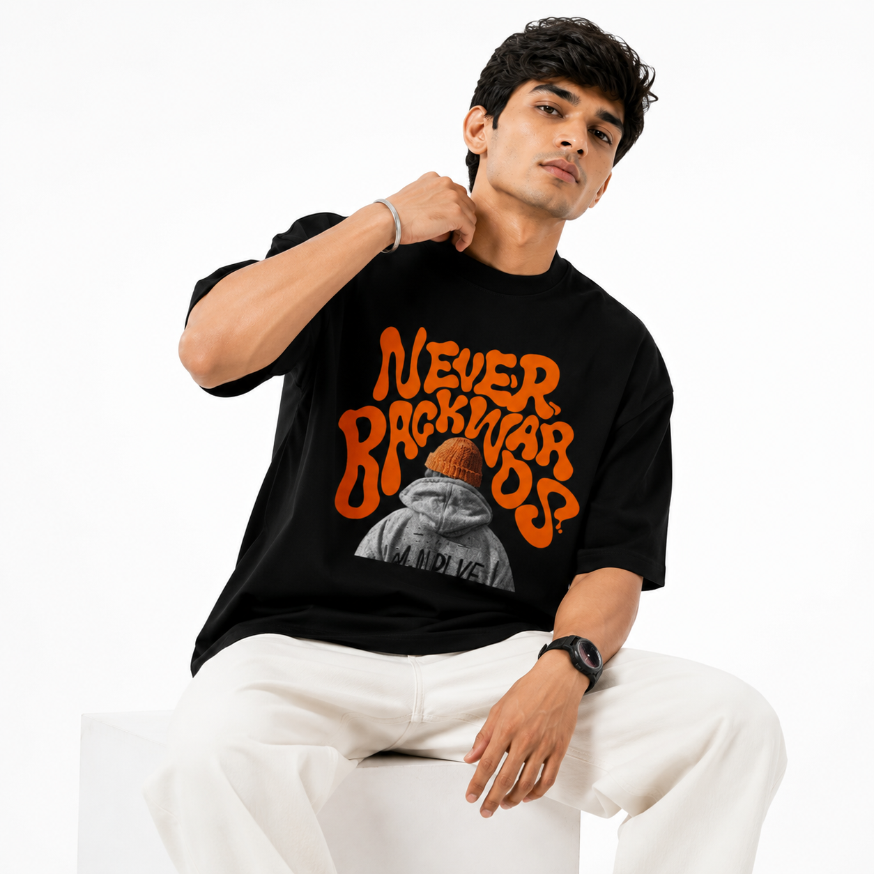 VA Oversized Never Backward Black T-Shirt – Premium 240 GSM Cotton Drop Shoulder Fit