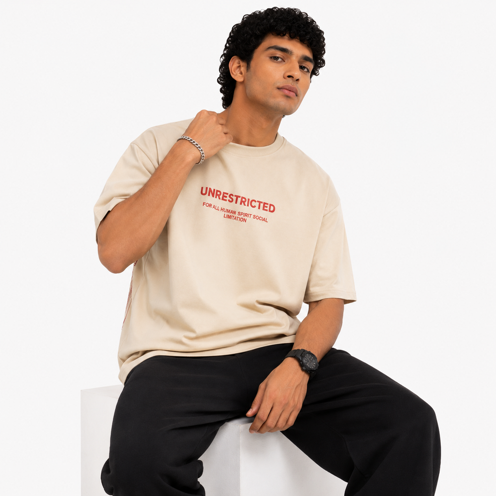 VA Oversized Unrestricted Beige T-Shirt – Premium 240 GSM Cotton Drop Shoulder Fit