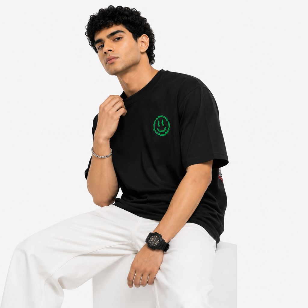 VA Oversized fun project Black T-Shirt – Premium 240 GSM Cotton Drop Shoulder Fit