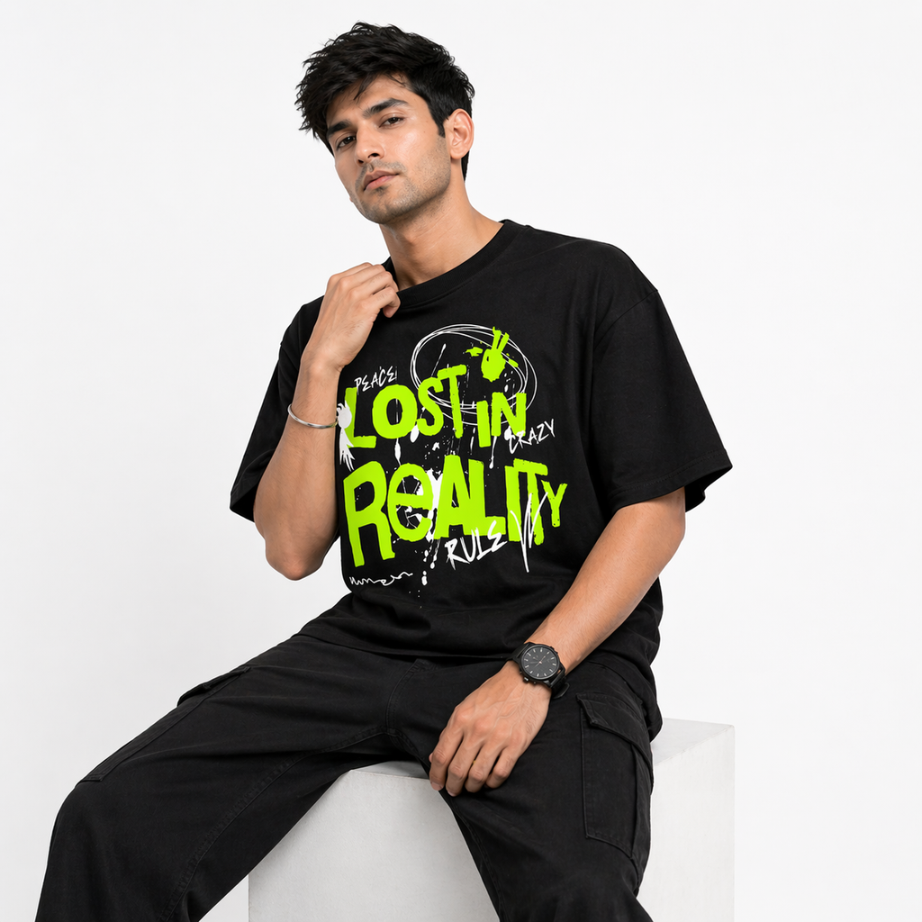 VA Oversized Black- Lost In Reality T-Shirt – Premium 240 GSM Cotton Drop Shoulder Fit