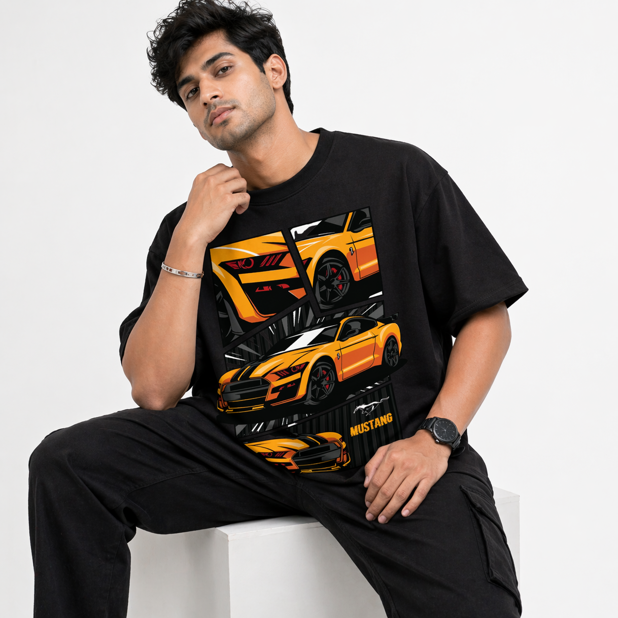 VA Oversized Black Ford Mustang T-Shirt – Premium 240 GSM Cotton Drop Shoulder Fit