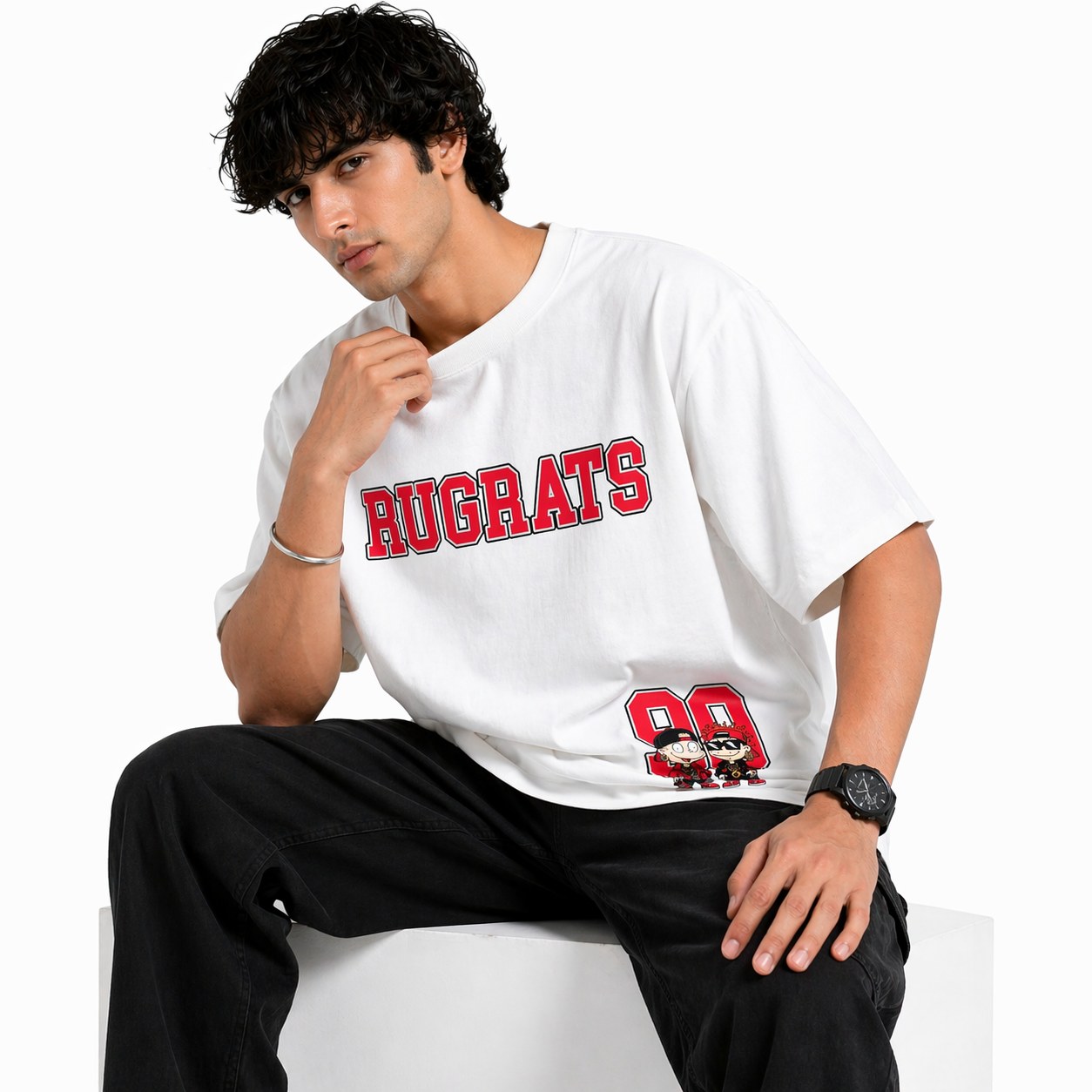VA Oversized  White Rugrats T-Shirt – Premium 240 GSM Cotton Drop Shoulder Fit